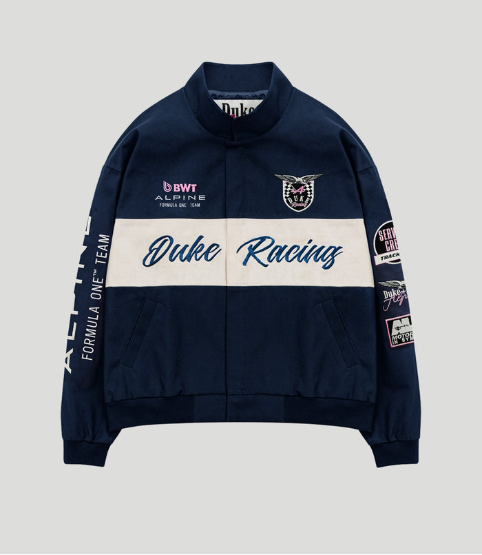 Navy BWT Alpine Formula One Duke & Dexter racing jacket with crest and patches on chest