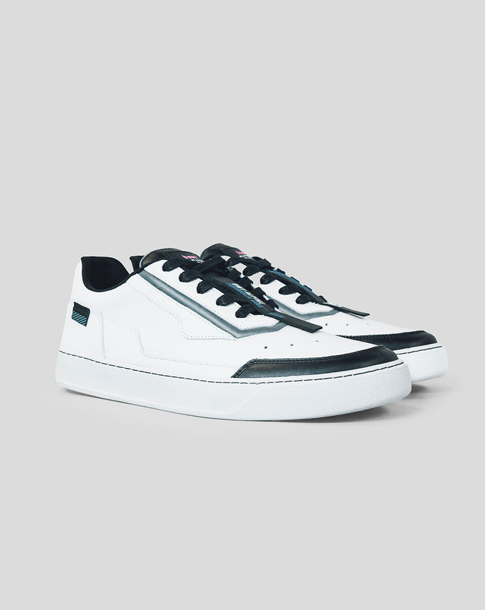 White Endstate sneaker for the BWT Alpine collaboration with black toe cap and silver side stripe