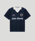 Dark blue polo jersey with a cream collar featuring BWT Alpine Formula One Team logos and a Duke Racing crest.