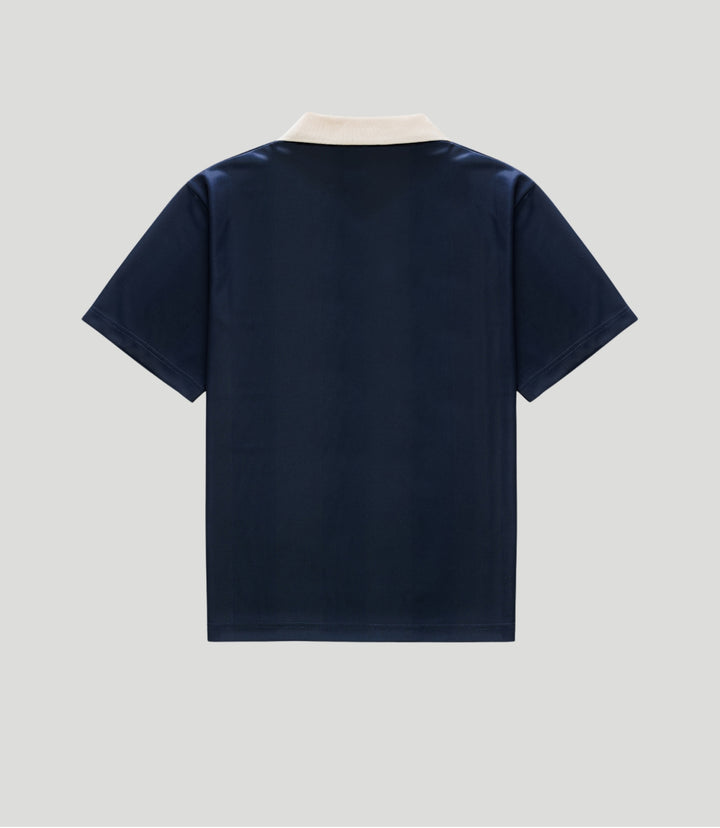 Back view of a navy blue unisex jersey with a cream collar