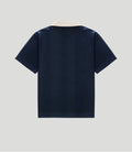 Back view of a navy blue unisex jersey with a cream collar