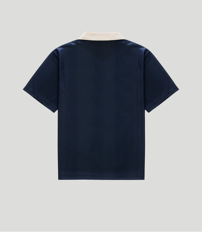 Back view of a navy blue unisex jersey with a cream collar