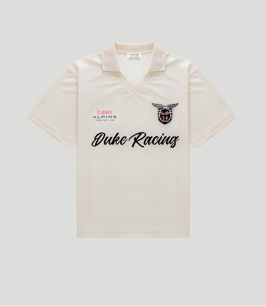Beige gold polo shirt featuring BWT Alpine and Duke Racing logos on the chest