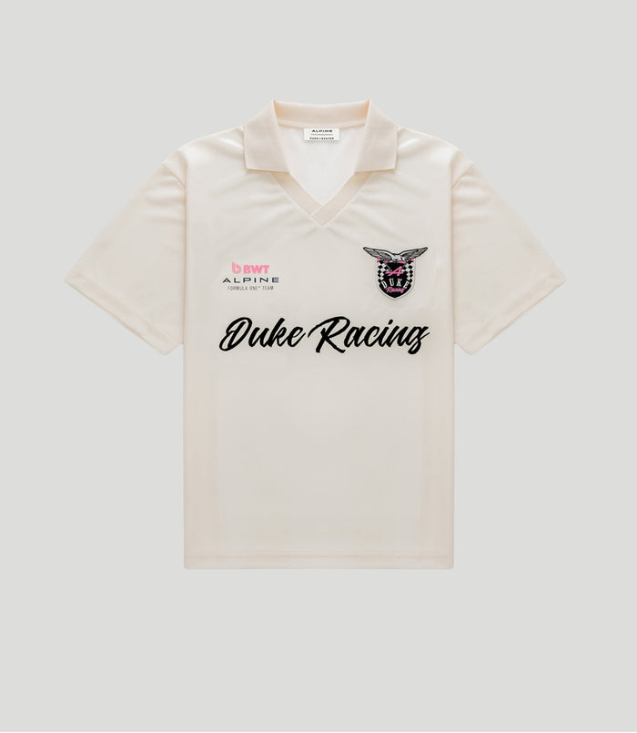 Beige gold polo shirt featuring BWT Alpine and Duke Racing logos on the chest