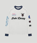 White waffle knit T shirt with navy Alpine collar and Duke Racing text with blue Alpine branding on sleeve