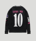 Back view of black Duke Alpine jersey showing large white number 10 and pink Lucky Ten text