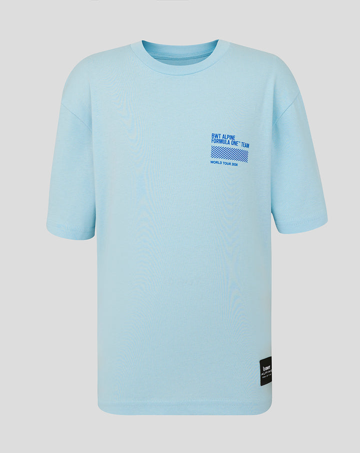 Light blue Junior Relaxed Fit World Tour T Shirt with small front graphic and Alpine badge at the hem.