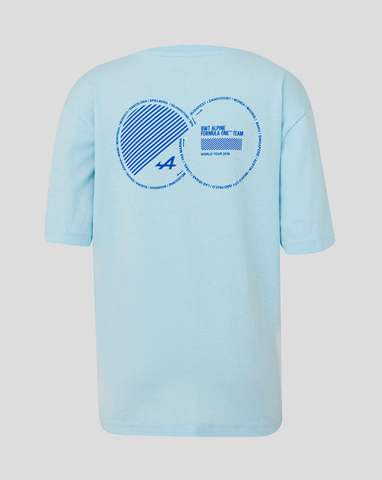 Back view of light blue Junior Relaxed Fit World Tour T Shirt featuring a large circular world tour graphic on the upper back.