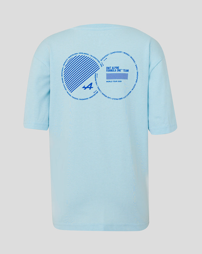 Back view of light blue Junior Relaxed Fit World Tour T Shirt featuring a large circular world tour graphic on the upper back.