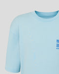 Close-up of chest area on light blue World Tour T Shirt showing blue BWT Alpine Formula One Team logo and striped graphic