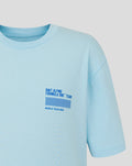 Left chest print on light blue World Tour T Shirt featuring BWT Alpine branding and a blue striped graphic
