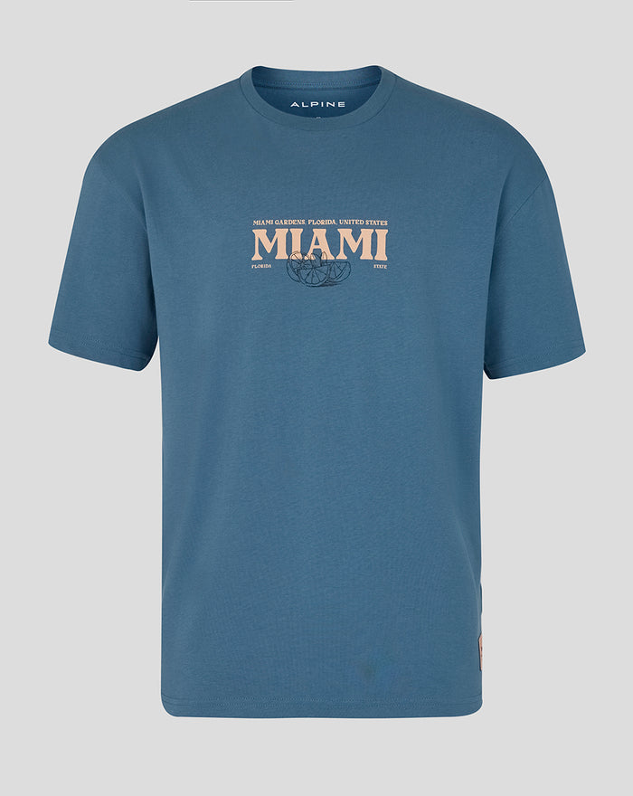 Front view of blue Miami Race Graphic T Shirt with large pale MIAMI text on chest