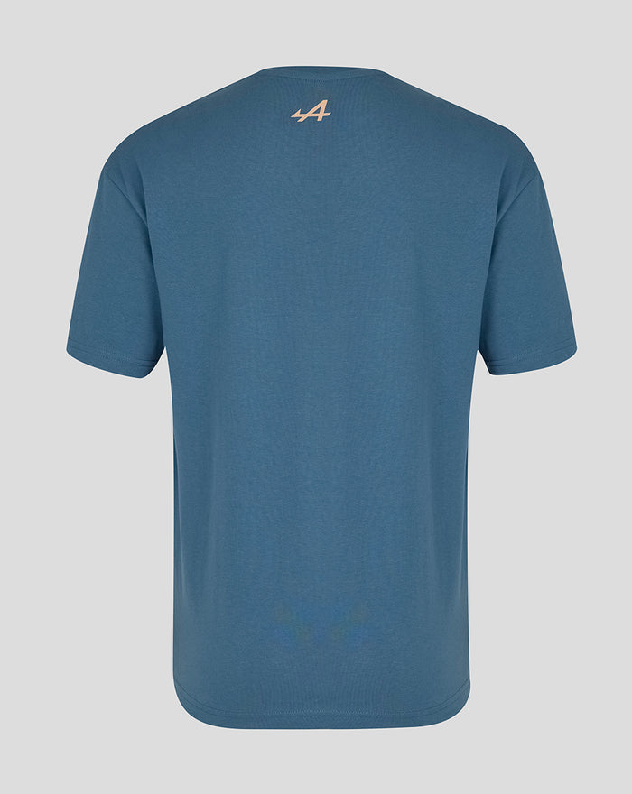 Back view of blue Miami Race Graphic T Shirt with small Alpine logo at the upper back
