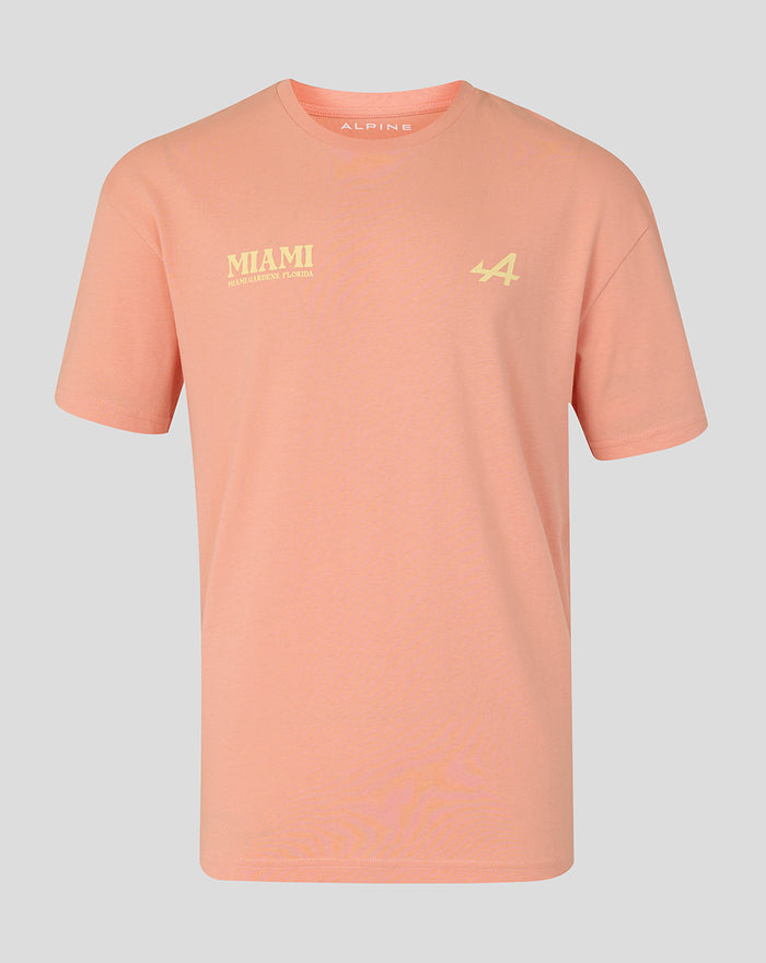 Coral pink Miami graphic tee with Miami text on the left chest and Alpine logo on the right chest.