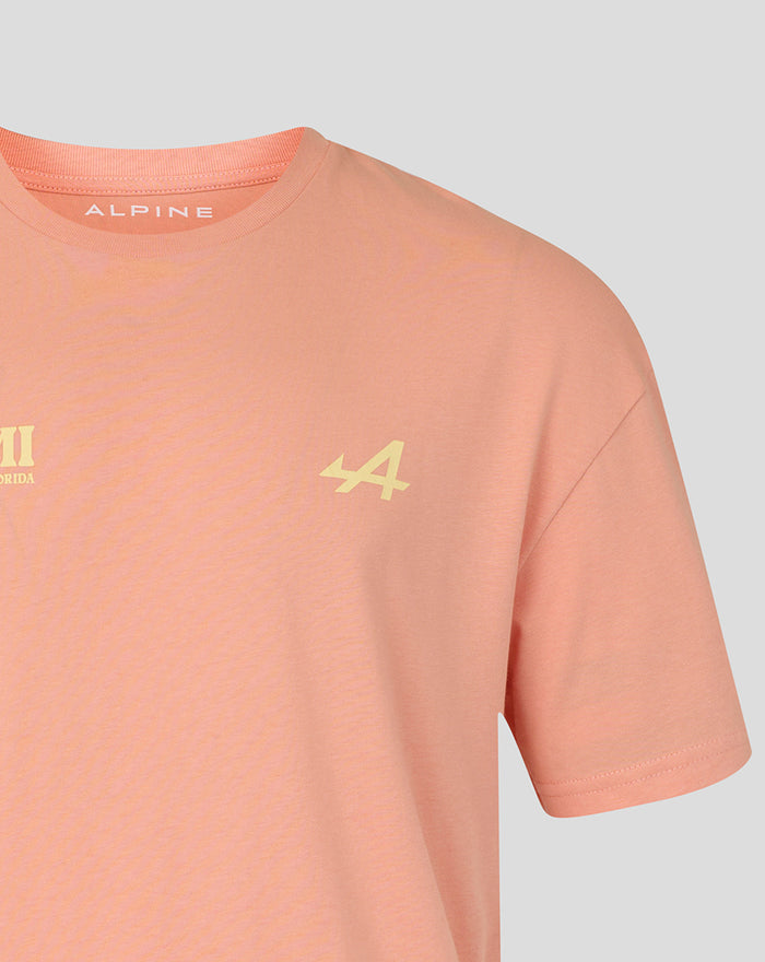 Coral pink unisex Miami Graphic T Shirt with Miami print on right chest and small left chest branding Alpine neck label