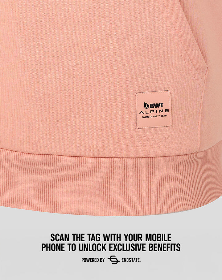 Close-up of the lower hem with a BWT Alpine patch and ribbed band.