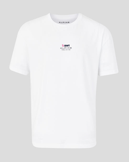 White Sao Paulo race T shirt with BWT Alpine logo on chest and Alpine branding visible at the neck