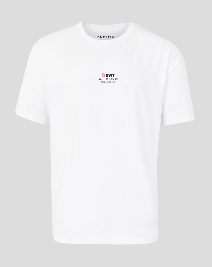 White Sao Paulo race T shirt with BWT Alpine logo on chest and Alpine branding visible at the neck