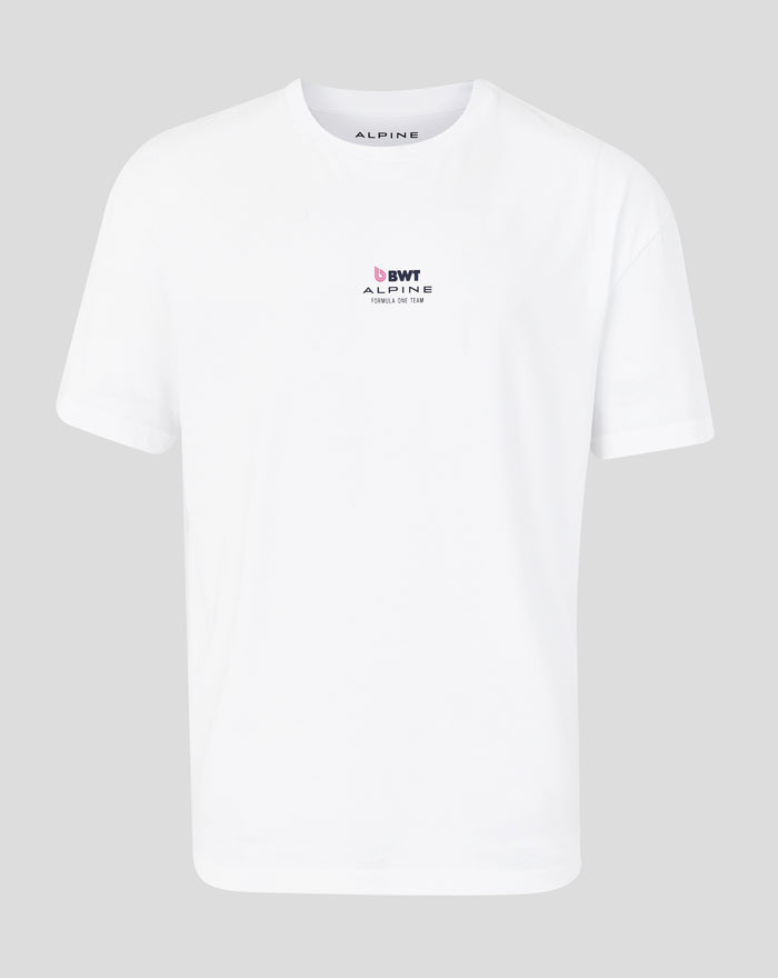 White Sao Paulo race T shirt with BWT Alpine logo on chest and Alpine branding visible at the neck