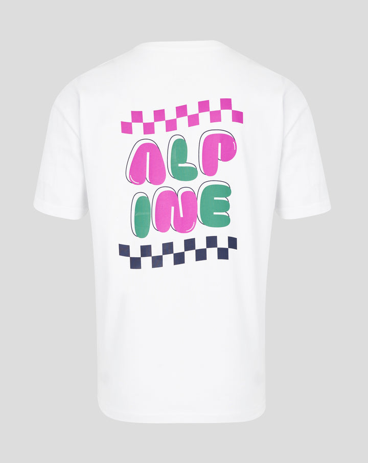Back view of white Sao Paulo Race T Shirt with a pink checkered racing stripe above a bold multicolor graphic