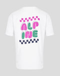 Back view of white Sao Paulo Race T Shirt with a pink checkered racing stripe above a bold multicolor graphic