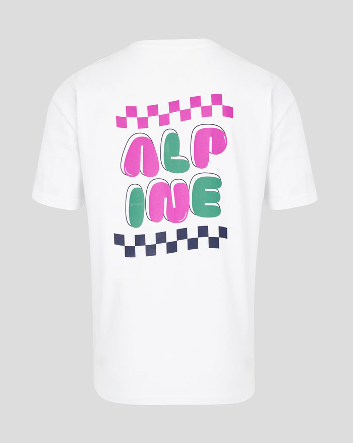 Back view of white Sao Paulo Race T Shirt with a pink checkered racing stripe above a bold multicolor graphic