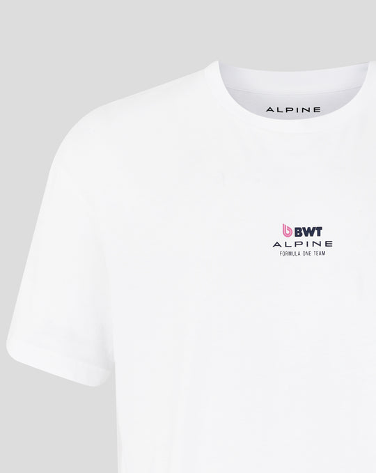 Close-up of a white Sao Paulo Race T Shirt collar with the ALPINE brand label visible inside