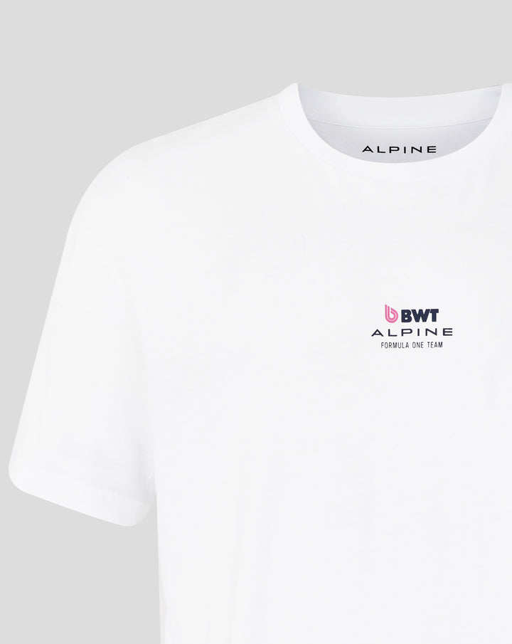 Close-up of a white Sao Paulo Race T Shirt collar with the ALPINE brand label visible inside