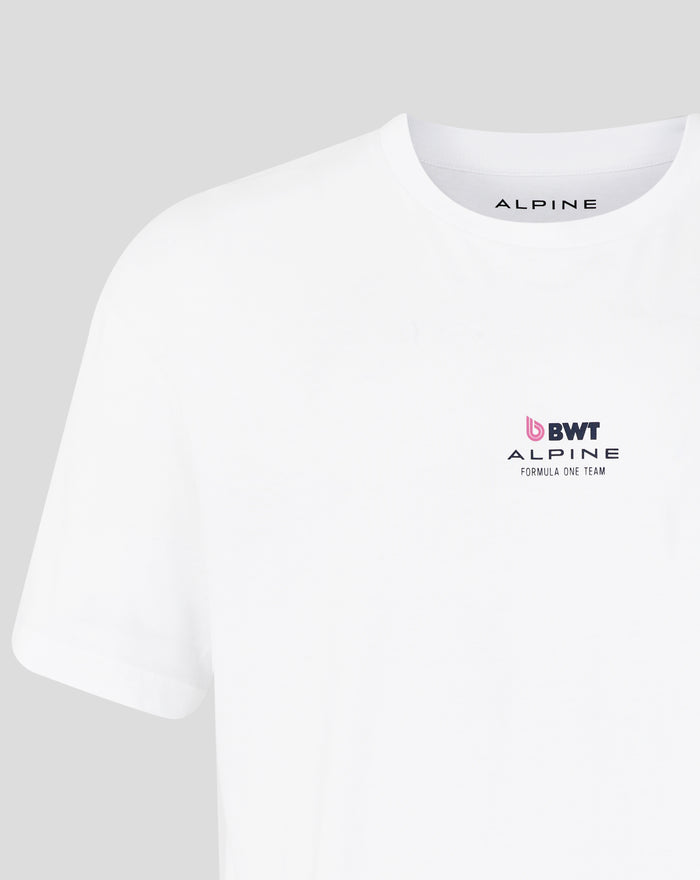 Close-up of a white Sao Paulo Race T Shirt collar with the ALPINE brand label visible inside