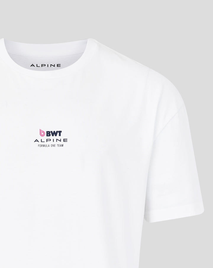 Neckline close up revealing the ALPINE label inside and a BWT Alpine patch on the front of the shirt