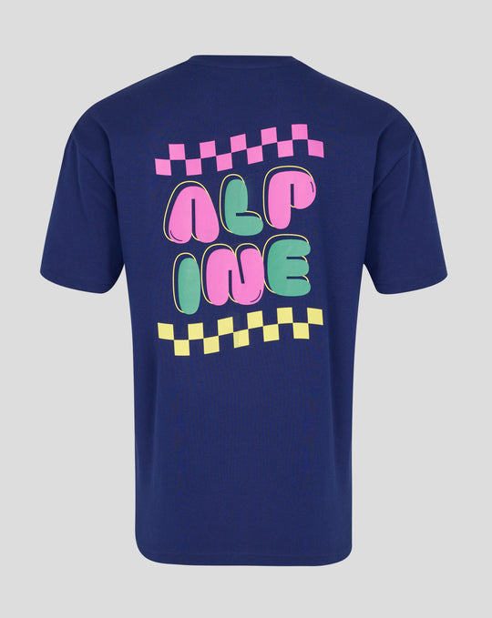 Back view of navy Sao Paulo race T shirt with a bold multicolor graphic and pink checkered racing flag across the upper back