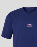 Close-up of navy T shirt chest area displaying the BWT Alpine logo and Alpine branding