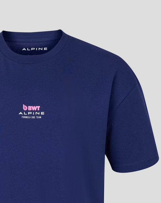 Close-up of navy Sao Paulo race T shirt neckline showing Alpine branding at the collar