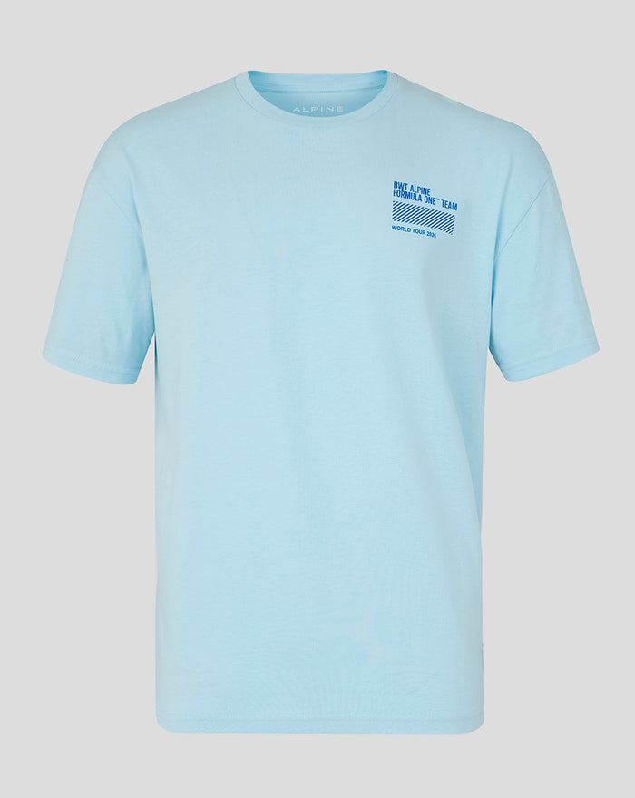 Light blue unisex World Tour T shirt with small chest BWT Alpine Formula One Team World Tour 2026 logo