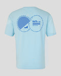 Back view of light blue World Tour T shirt with large circular blue graphic and Alpine badge at the hem