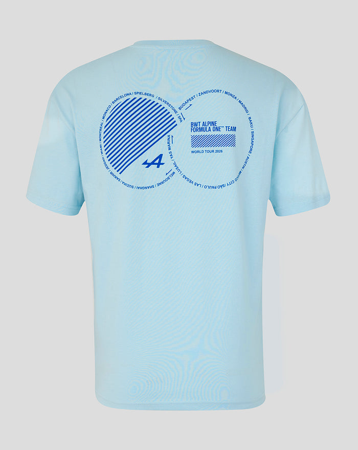 Back view of light blue World Tour T shirt with large circular blue graphic and Alpine badge at the hem