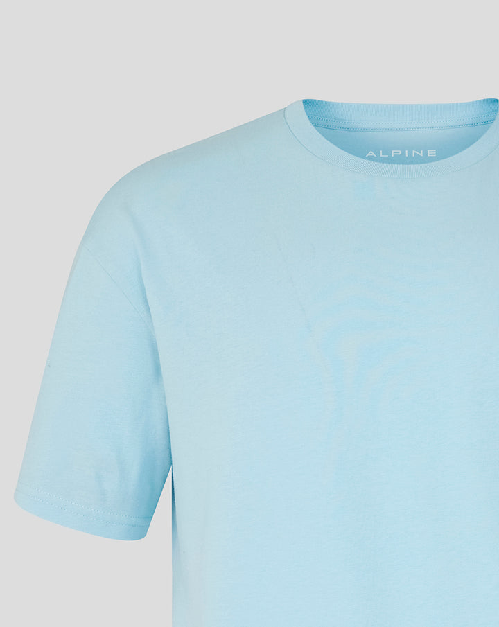 Neckline close-up of light blue World Tour T shirt with Alpine branding inside