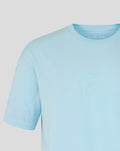 Neckline close-up of light blue World Tour T shirt with Alpine branding inside