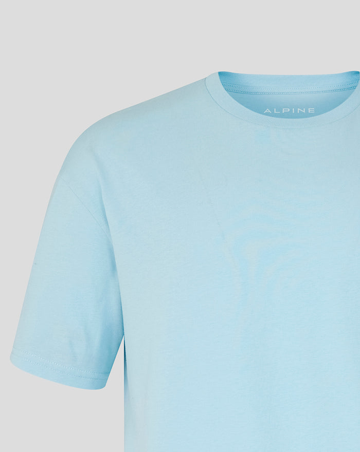 Neckline close-up of light blue World Tour T shirt with Alpine branding inside