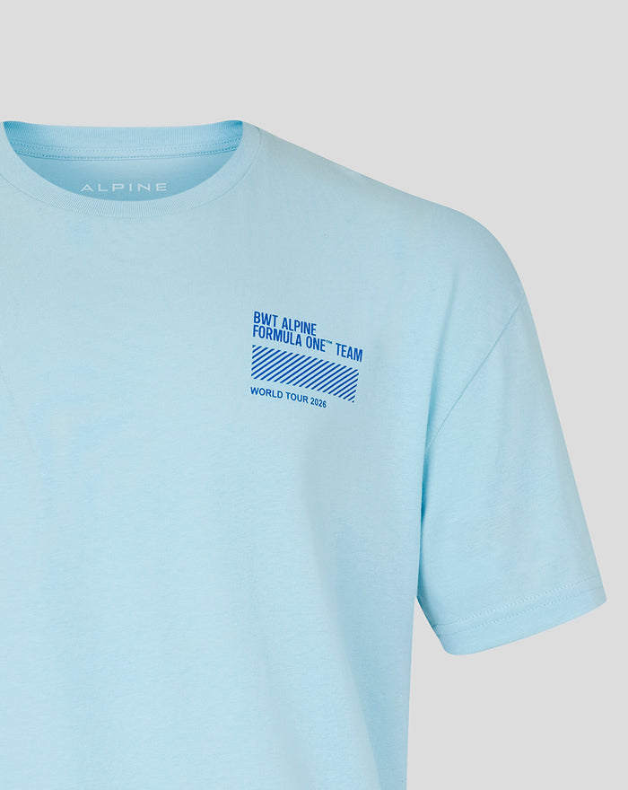 Light blue unisex World Tour T shirt with Alpine Formula One Team front chest print.