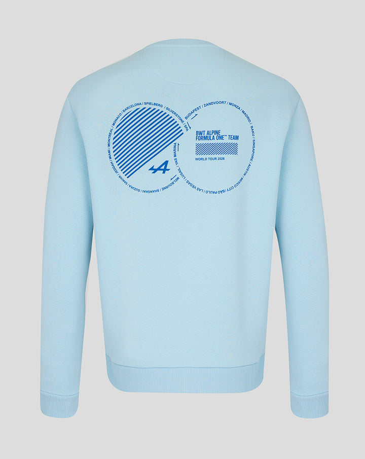Back view of light blue unisex World Tour sweatshirt with a large circular graphic on the back featuring diagonal stripes.