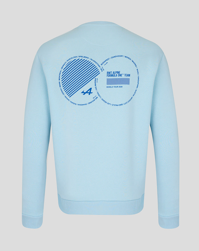 Back view of light blue unisex World Tour sweatshirt with a large circular graphic on the back featuring diagonal stripes.