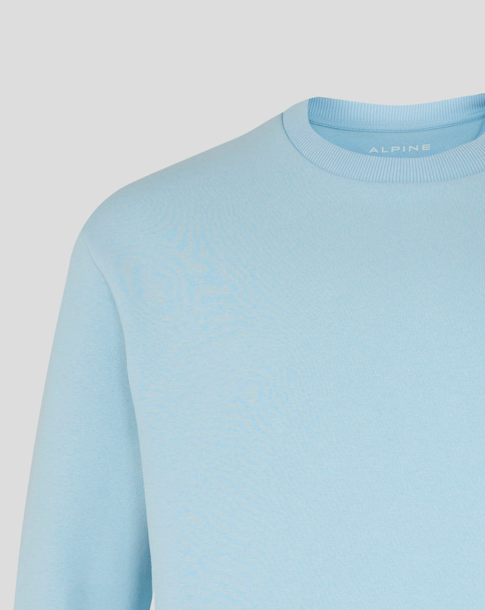 Close-up of the sweatshirt neckline with Alpine branding visible inside the collar.