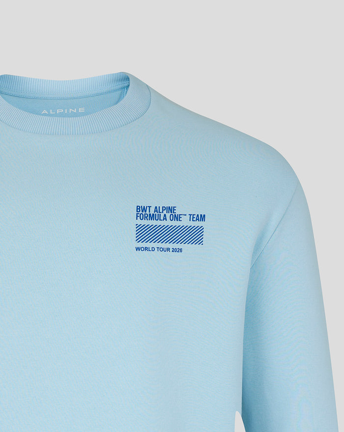 Light blue World Tour sweatshirt with BWT Alpine Formula One Team World Tour 2026 print on chest