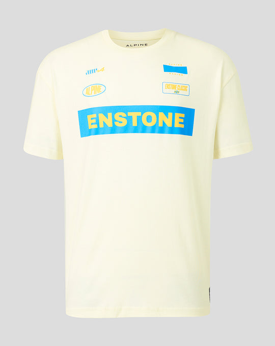 Cream unisex Alpine Classic F1 T shirt with blue ENSTONE graphic and small sponsor patches on the chest
