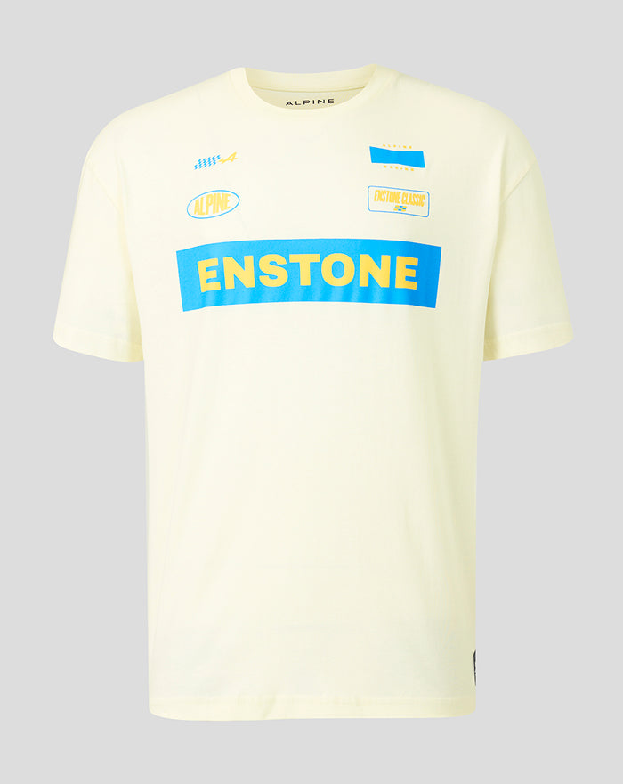 Cream unisex Alpine Classic F1 T shirt with blue ENSTONE graphic and small sponsor patches on the chest