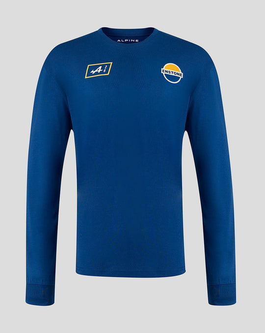 Blue unisex long sleeve T shirt with A2 and ENSTONE logos on the chest
