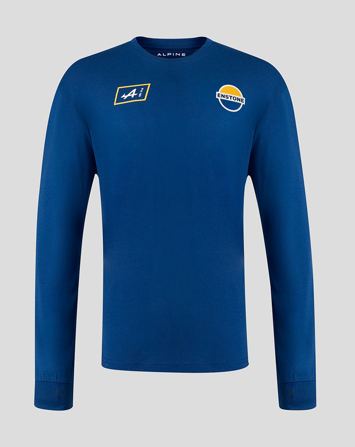 Blue unisex long sleeve T shirt with A2 and ENSTONE logos on the chest