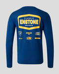 Back view of blue long sleeve T shirt with large ENSTONE Classic graphic in yellow