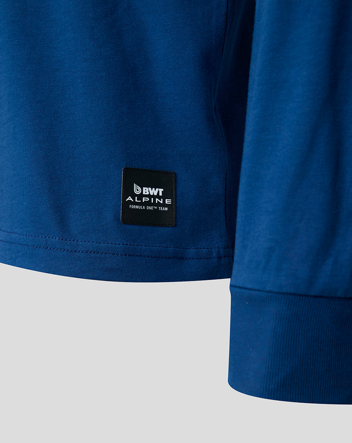 Blue unisex Alpine F1 long sleeve T-shirt with a black BWT Alpine patch near the hem.